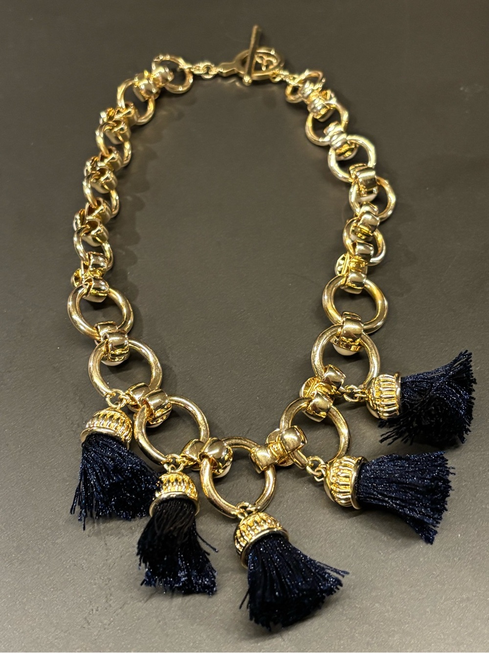 Trina Turk Gold Chain Necklace with Navy Tassels and white details. 10” - Picture 3 of 5